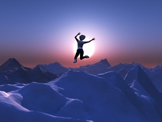 Girl in a jump in the mountains at sunset.