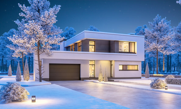 3d Rendering Of Modern Winter House At Night