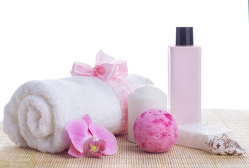 Fototapeta na wymiar Relaxing beauty set with luxurious towel, soap and shower gel