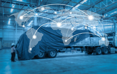 Global network coverage world map ,Distribution of goods in warehouse process for Logistic Import...