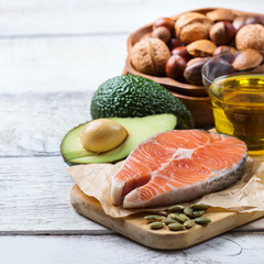 Selection of healthy fat sources food, life concept