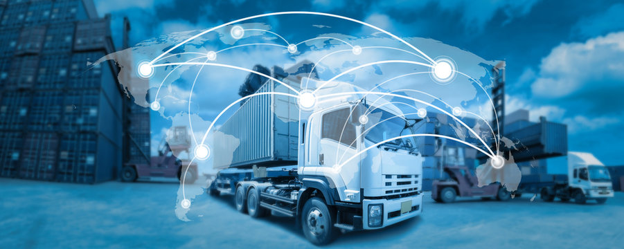 Global network coverage world map,Truck with Industrial Container Cargo for Logistic Import Export at yard (Elements of this image furnished by NASA)