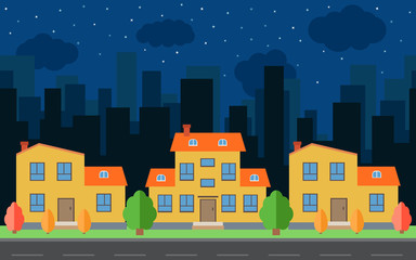 Vector night city with cartoon houses and buildings. City space with road on flat style background concept. Summer urban landscape. Street view with cityscape on a background
