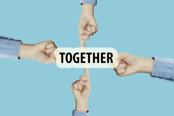 Many hands fingers pointing with index fingers to TOGETHER text