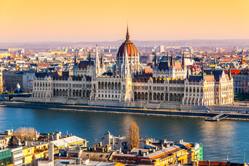 Fototapeta na wymiar Hungarian Parliament, aka Orszaghaz, historical building on Danube riverbank in the centre of Budapest, Hungary, Europe. UNESCO World Heritage Site.