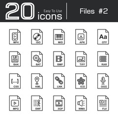 Files icon set 2 ( mp4 , iso , mid , apk , otf , bak , bat , bmp , tif , rar , css , kml , ink , ico , ogg , mpg , swf , 3gp , wma , flv )