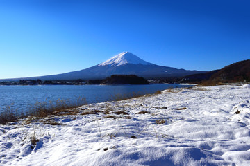 河口湖大石公園から雪景色の富士山