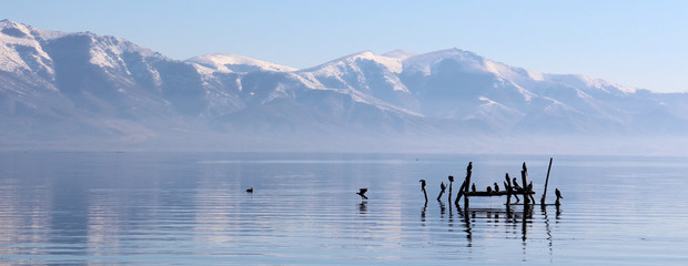 Naklejka premium lake prespa in macedonia in winter