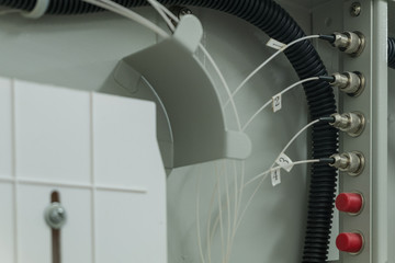 Close up fiber optic connector in terminal box