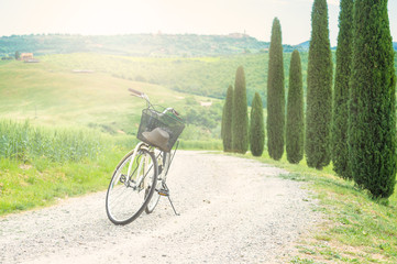 Cycling trip in the spring landscape of Tuscany.