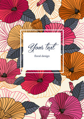 Vertical floral abstract greeting card in vector for birthday, Valentine's Day, wedding. Stylish floral poster in bright summer colors on light background. Red, orange, pink flowers with outline