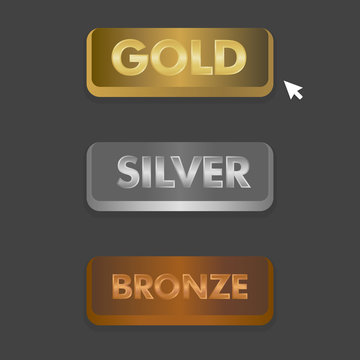 Gold Silver and Bronze buttons set with mouse click icon vector illustration