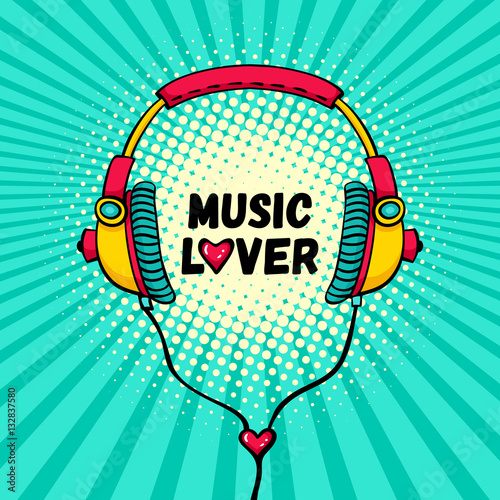 "Hand drawn comic headphones with lettering Music Lover and heart