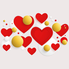 Vector horizontal banner with red hearts and 3d balls.