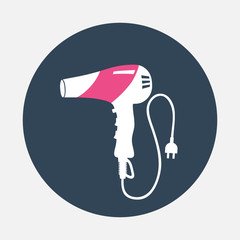 Hairdryer with cord, two pin plug icon. Household symbol. Magenta, white silhouette on gray round flat sign. Vector isolated