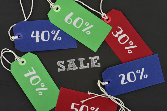 text sale and labels with different percentages
