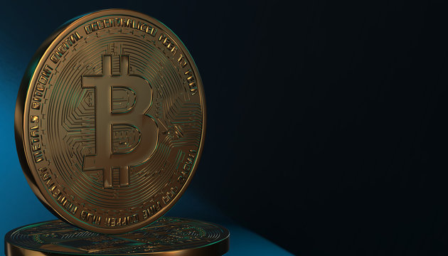Golden Bitcoins, new virtual money on various digital background, 3D render
