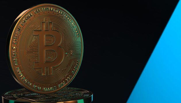 Golden Bitcoins, new virtual money on various digital background, 3D render