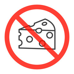 No cheese ban sign, line icon in prohibition red circle, forbidden symbol. Vector illustration isolated on white