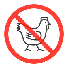 No chicken ban sign, line icon in prohibition red circle, forbidden symbol. Vector illustration isolated on white