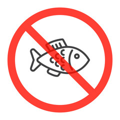 Fish line icon in prohibition red circle, No fishing ban sign, forbidden symbol. Vector illustration isolated on white