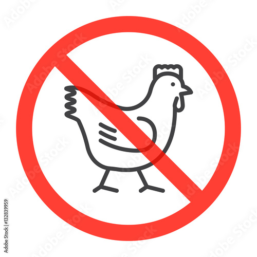 "No chicken ban sign, line icon in prohibition red circle, forbidden