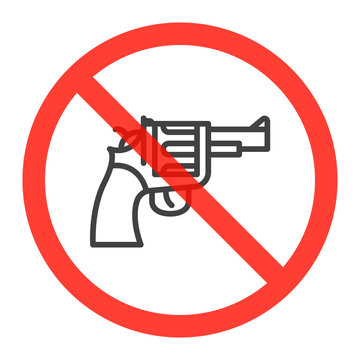 Revolver gun line icon in prohibition red circle, No weapons ban sign, forbidden symbol. Vector illustration isolated on white