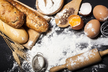 Fototapeta premium Ingredients and utensils for the preparation of bakery products