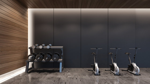 Dumbbell rack and cycling machines in modern gym  / 3D Rendering