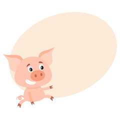 Funny little pig sitting awkwardly and pointing to something, cartoon vector on background with place for text. Cute little pig sitting like a child and poiting to the left, decoration element