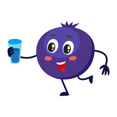 Cute and funny comic style blueberry character holding glass of water, milk, juice, cartoon vector illustration isolated on white background. Ripe blueberry character, mascot with big eyes