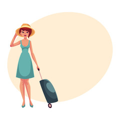 Young pretty woman in blue dress with suitcase, cartoon illustration on background with place for text. Full length portrait of beautiful girl, woman traveler with luggage, suitcase