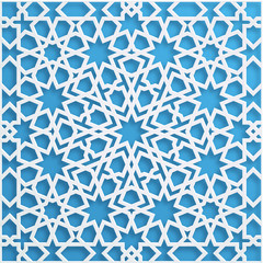 Vector muslim mosaic, persian motif. Mosque decoration element. Islamic geometric pattern. Elegant white oriental ornament, traditional arabic art. 3D illustration for brochures, greeting card