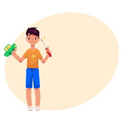Teenage boy holding screwdriver, trying to fix, repair a toy car, cartoon vector on background with place for text. Full length portrait of boy holding screwdriver and a toy car, repair concept