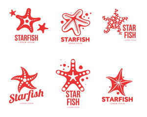 Set of graphic, silhouette starfish logo templates, vector illustration isolated on white background. Stylized graphic starfish logotype, logo design, summer vacation concept