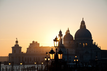 The Santa Maria della Salute Church in Venice, Italy, during sunset.