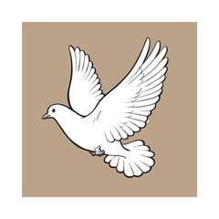 Free flying white dove, sketch style vector illustration isolated on brown background. Realistic hand drawing of white dove, pigeon flapping wings, symbol of love, romance and innocence, marriage icon