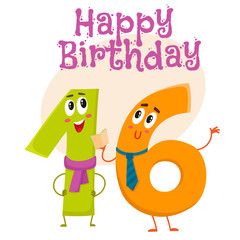 Happy birthday vector greeting card, poster, banner design with cute and funny sixteen number characters. sixteen smiling characters, happy birthday greeting card template