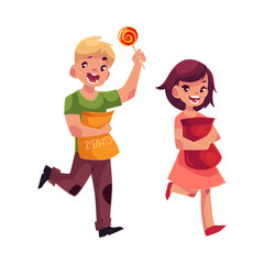 Little boy and girl holding packs of chips and running happily, cartoon vector illustration isolated on white background. Happy brown-haired girl and blond boy with packs of chips and lollipop