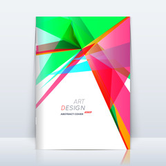 Abstract composition. Patch triangle construction. Green, pink colored section trademark. White a4 brochure title sheet. Creative logo icon. Commercial offer banner form. Flyer fiber. Headline element