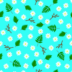Obraz premium Seamless summer spring pattern with white flowers green leaves and brown branches with aqua blue background