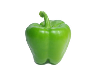 One bright green ripe bell pepper with stem isolated on white background, Close-up 