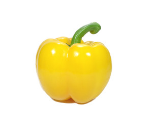 Close-up of a ripe vibrant yellow bell pepper with green stem isolated on white background 