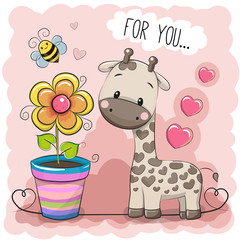 Fototapeta premium Kartka z życzeniami Cute Cartoon żyrafa z kwiatem