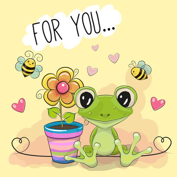 Greeting card cute cartoon Frog with flower