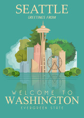 Washington vector american poster. USA travel illustration. United States of America colorful greeting card, Seattle.  - 132847316