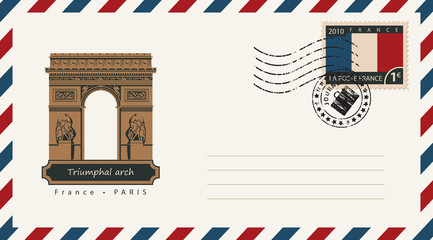 an envelope with a postage stamp with Triumphal arch, and the flag of France