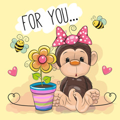 Greeting card cute cartoon Monkey with flower