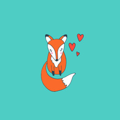 Cute baby fox in love with hearts - vector hand drawn illustration. Childish kawaii style sketch with small animal. Valentines day romantic greeting card