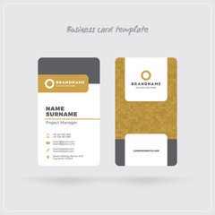 Golden and Gray Vertical Business Card Print Template. Double-sided Personal Visiting Card with Company Logo. Clean Flat Design. Rounded Corners. Vector Illustration. Business Card Mockup with Shadows